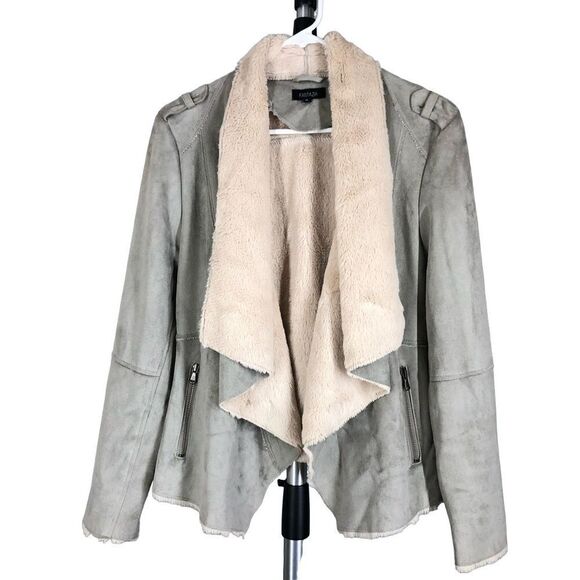 Fantazia Taupe Faux Suede & Cream Faux Fur‎ Lined Cardigan Open Jacket Sz M - Picture 1 of 10